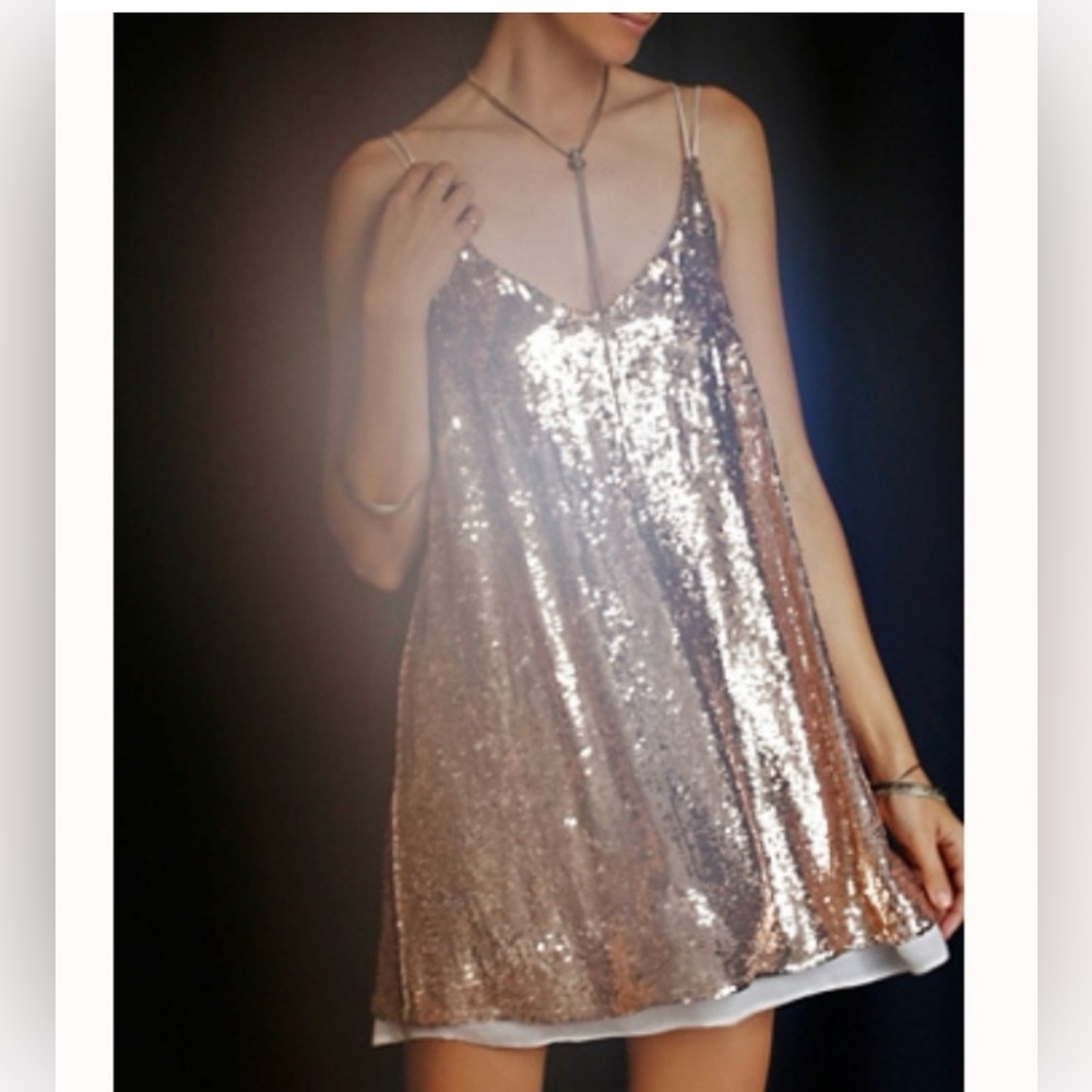Free People sparkler gold sequin dressy mini strappy back dress NWOT S